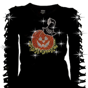 T-shirt d&#39;Halloween à strass : Chapeau de sorcière citrouille déchiré Découpes Manches longues Col en V Coton mélangé