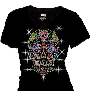 Femme Tops T-shirt Bling Bling Sugar Skull strass, clous coeur néon XS ~ 4XL