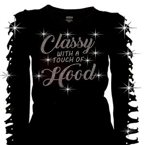 Bling Bling, Cute & Unique Rhinestone T-Shirt Classy with a touch of Hood Ripped Cut Out S~4X Long