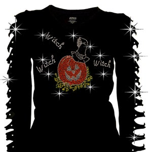 T-shirt en coton mélangé à col en V et strass pour Halloween