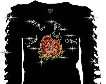 Rhinestone Pumpkin Witch Halloween Rhinestone Ripped Cut Out Long Sleeves V-Neck Cotton Blended T-Shirt