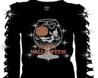 Rhinestone Halloween T-Shirt: Pumpkin Witch Ripped Cut Out Long Sleeves V-Neck Cotton Blended