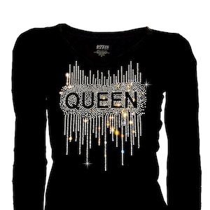 Rhinestone Queen Bling T-Shirt: Long Sleeve Cotton Blended Top V-Neck