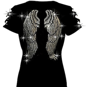Rhinestone Angel Wings T-Shirt: Ripped Cut Out Short Sleeves Bling Bling   Cotton Blend Top