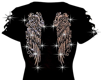 Rhinestone Angel Wings T-shirt: Ripped Cut Out Short Sleeves