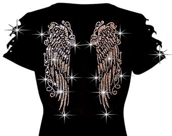 Womens Tops Shirts Bling Rhinestones Angel Wings T-shirt Ripped Slit Cut Out Long EVENT, CONCERT, PARTY Shirts S~4XL