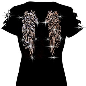 Rhinestone Angel Wings T-Shirt: Ripped Cut Out Short Sleeves V-Neck Cotton Blended Party Top