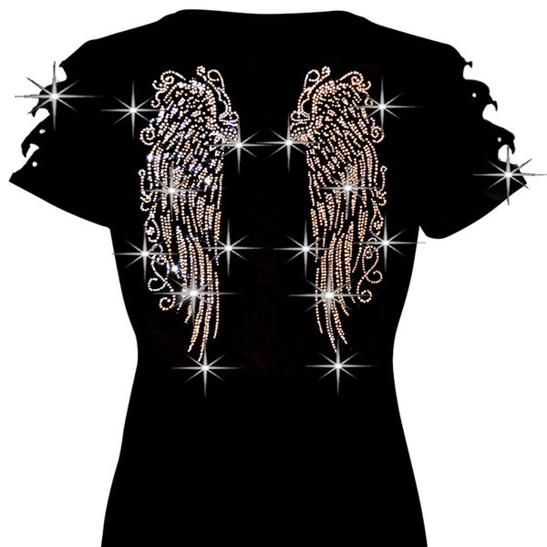 Womens Tops Shirts Bling Rhinestones Angel Wings T-shirt Ripped Slit Cut Out Long EVENT, CONCERT, PARTY Shirts S~4XL