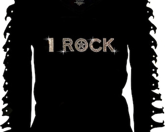 Rhinestone 'i ROCK' Shirt: Long Sleeve Ripped Cut Out Long Sleeves T-Shirt V-neck Cotton