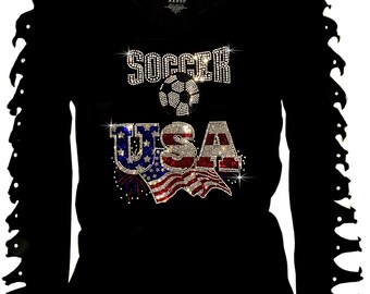 Women Rhinestone 'SOCCER USA' 2026 Shirt: Long Sleeve Ripped Cut Out T-Shirt V-neck Cotton