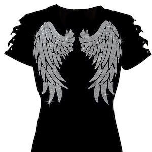 Rhinestone Angel Wings T-Shirt: Ripped Cut Out Short Sleeves V-Neck Cotton Blended