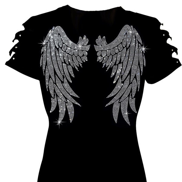 Rhinestone Angel Wings Women's Tops Shirts Bling Cute T-Shirt New Trend Wings Shirt with Ripped Cut Out S~4X Short