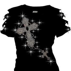 Womens Tops Shirts Bling Bling Rhinestone T-Shirt Two Cross Ripped Cut Out Short tee XS~4XL