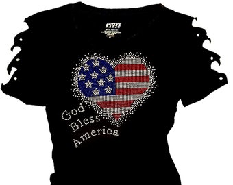 Rhinestone American Flag Heart T-Shirt: Ripped Cut Out Short Sleeves V-Neck 4th July Top