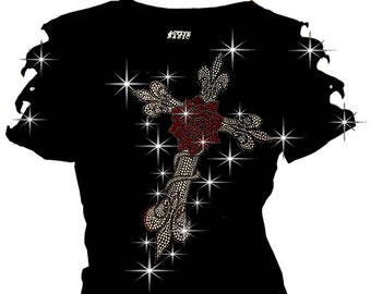 Womens Tops Shirts Bling Bling Rhinestone T-Shirt Rose Fleur Cross  Ripped Cut Out Short tee S~4XL