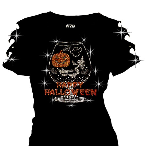 Womens Tops Shirts Bling Bling, Cute & Unique Happy Halloween Rhinestone T-Shirt Pumpkin Witch Glass Ripped Cut Out T-Shirt S~4X Short