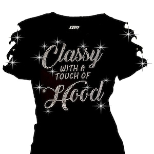Rhinestone Ripped Cut Out Short Sleeves V-Neck Cotton Blended T-Shirt: Classy Hooded