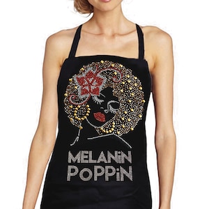 Bling Rhinestones Apron Afro Hair Lady & Melanin poppin with 2 pockets, Adjustable Neck Strap