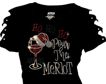 Rhinestone Christmas T-Shirt: Santa Hat & Wine - Plus Size Available