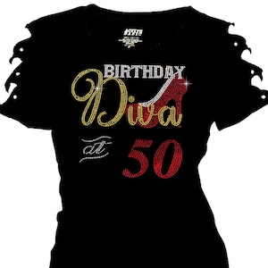 May include: Black t-shirt with rhinestones spelling "Birthday Diva at 50" with a red high heel shoe graphic.