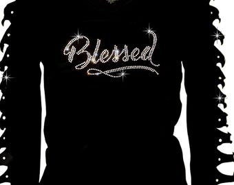 Rhinestone Blessed Christian Shirt: Long Sleeve Ripped Cut Out Long Sleeves T-Shirt V-neck Cotton