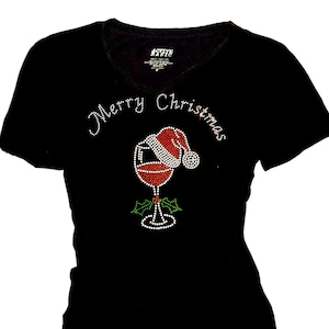 Women&#39;s Tops Shirts Rhinestone T-Shirt, Merry Christmas Bling Santa Hat & Wine Glass Short XS~4XL