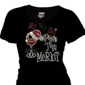 Women&#39;s Tops Shirts Rhinestone T-Shirt, Ho Ho Ho Pour the Merlot, Merry Christmas Bling Santa Hat & Wine Glass Short XS~4XL
