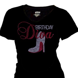 May include: Black t-shirt with a rhinestone design that says "Birthday Diva" with a red high heel shoe.