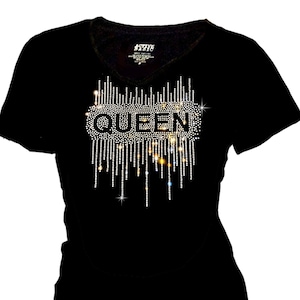 Rhinestone Queen T-Shirt: Bling Women&#39;s Top, Short Sleeve  V-Neck Cotton
