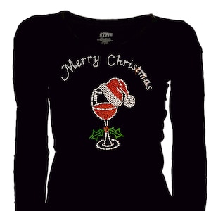 Womens Tops Shirts Rhinestone T-Shirt,Merry Christmas Bling Santa Hat & Wine Glass Long XS~3XL