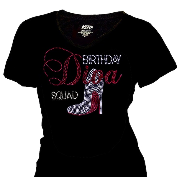 Womens Tops Shirts Bling Bling Birthday Diva Squad High Heel Rhinestone T-Shirt Short S~4XL