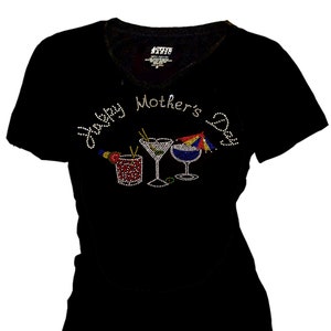 Rhinestone Happy Mother&#39;s Day T-Shirt: Cocktails Design, Short Sleeves V-Neck Cotton Blended