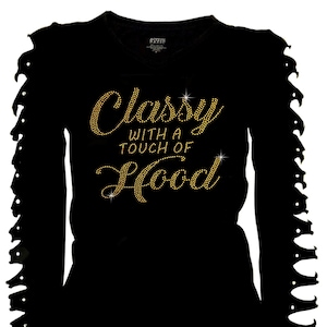 Rhinestone T-Shirt: Ripped Cut Out, Long Sleeves - Gold & Clear Bling V-Neck Cotton Blended