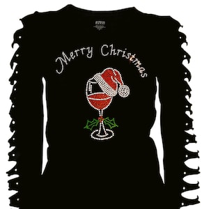 Rhinestone Christmas T-Shirt: Santa Hat & Wine Glass Cut Out Long Sleeves V-Neck Cotton Blended