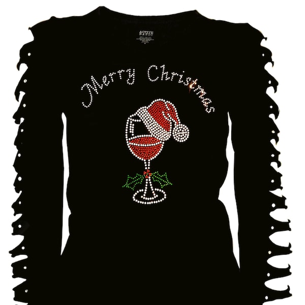 Womens Tops Shirts Bling Rhinestone T-Shirt,Merry Christmas Bling Santa Hat & Wine Glass Cut Out Long S~4XL