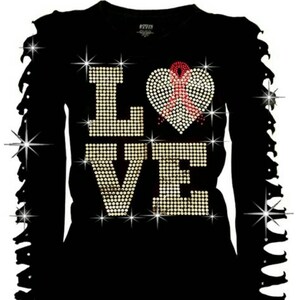 May include: Black long-sleeved shirt with a rhinestone design that says "LOVE" with a pink ribbon heart in the centre.