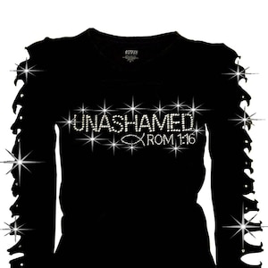 Bling Bling Rhinestones T-Shirt Unashamed Romans 1:16 Christian T-Shirt with Angel Wings On the Back Ripped Slit Cut Out S~4XL