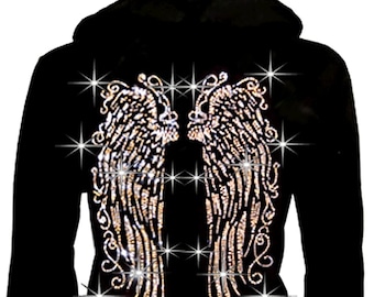 Women Size Zip up Hoodie Sweater Bling Long Angel Wings Rhinestones S-5XL