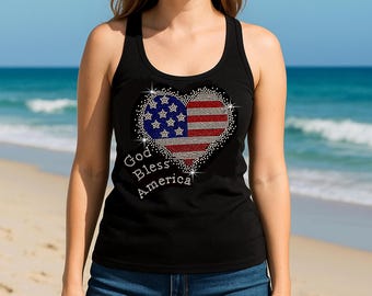 Rhinestone American Flag Tank Top: 4th of July Patriotic Shirt ; God Bless America