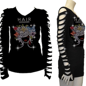 Womens Tops Shirts So~~ Sexy Blinging Hair Designer Rhinestone Long Sleeve RIPPED SLIT Cut Out Top Shirt T-Shirt S,M,L w/ Flowers,Betterfly