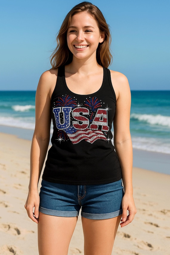 Rhinestone American USA Flag Tank Top: Women's 4th of July Patriotic Shirt