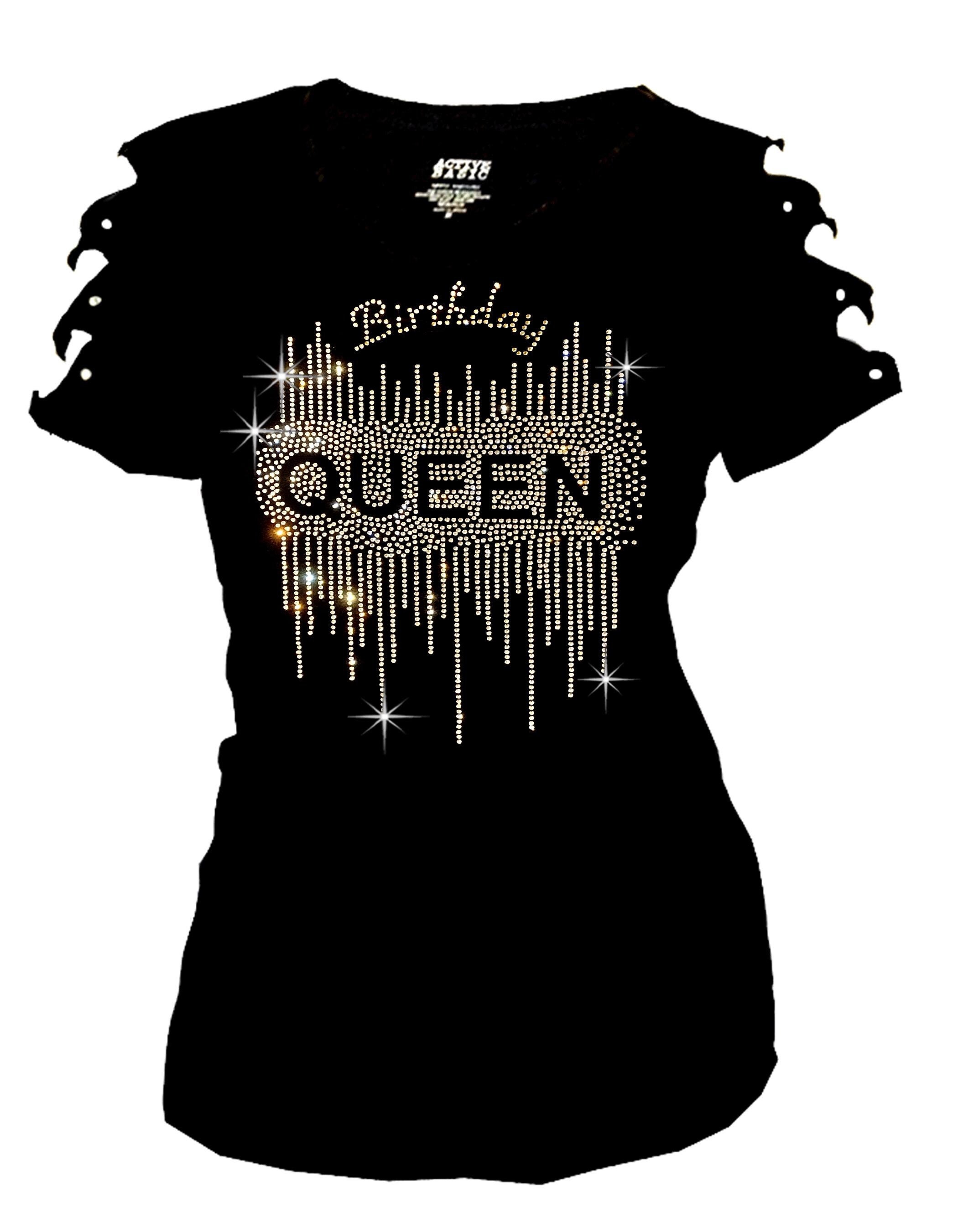 Birthday Queen Rhinestone T-Shirt: Ripped Cut Out short Sleeves V-neck Cotton