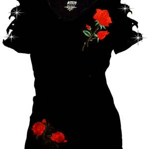 Rhinestone Roses Patch T-Shirt: Ripped Cut Out Cotton Top