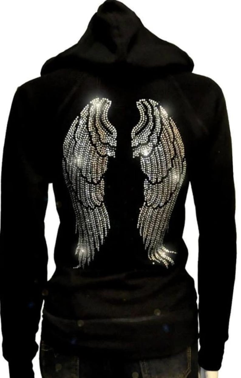 Rhinestone Angel Wings Hoodie: Full Zip Cotton Blend Sweater image 1
