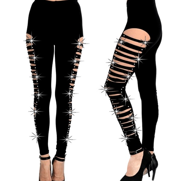 Women Bling Bling Cotton Rhinestones Leggings Cut Out,Ripped,S,M,L,XL,1XL,2XL,3XL