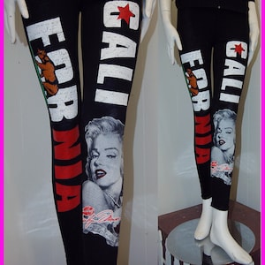 Plus Size Marilyn Monroe Cotton Strectch Black Leggings with California & Roses Leggings S,M,L,XL,1XL,2XL,3XL