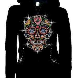 Womens Bling Sugar Skull Halloween Zip up Hoodie Sweater Rhinestones EVENT, CONCERT, PARTY S~4XL
