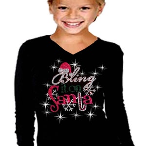 Girls Rhinestone Christmas T-Shirt: Bling Santa, Size 10-12