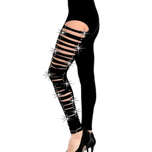 May include: Black leggings with cut-outs and rhinestones on the sides.