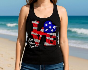 Rhinestone American Flag Tank Top: Women's 4th of July Patriotic Shirt;  God Bless America